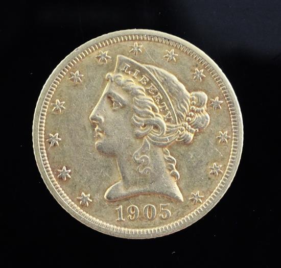 A United States of America five dollar gold Half Eagle, 1905, 8.3g, GVF